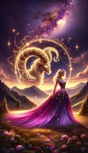 Aries Moon Goddess, ram horns, and the symbol for this zodiac sign.