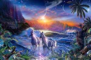 Cosmic horses, Ashwini nakshatra is ruled by the Kumaras, horse headed twins in Vedic Astrology.
