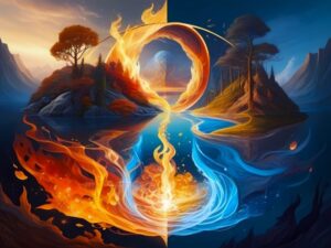 Fire and water fantasy art showing the transition between the two for the gandanta zone in Vedic Astrology.