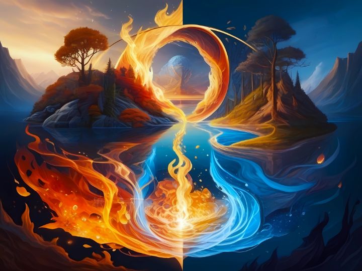 Fire and water fantasy art showing the transition between the two for the gandanta zone in Vedic Astrology.