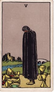 Moon in Ardra, five of cups tarot card.