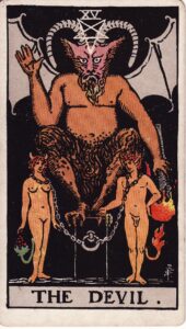 Moon in Gandanta, Cancer to Leo, the Devil tarot card.