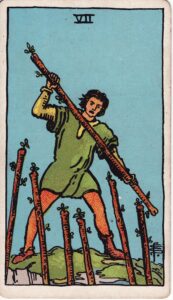 Moon in Cancer to Leo, gandanta, the Seven of Wands Tarot card.