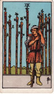 Moon in Scorpio, Anuradha to Jyeshta, Nine of Wands Tarot card.