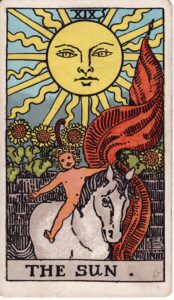 The Moon in Leo, the Sun Tarot card.